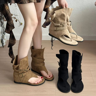Hot Girl Wasteland Style Sandals Women's 2026 New Summer Increased Flip-Toe Retro Roman Sandals Belt Buckle Short Boots