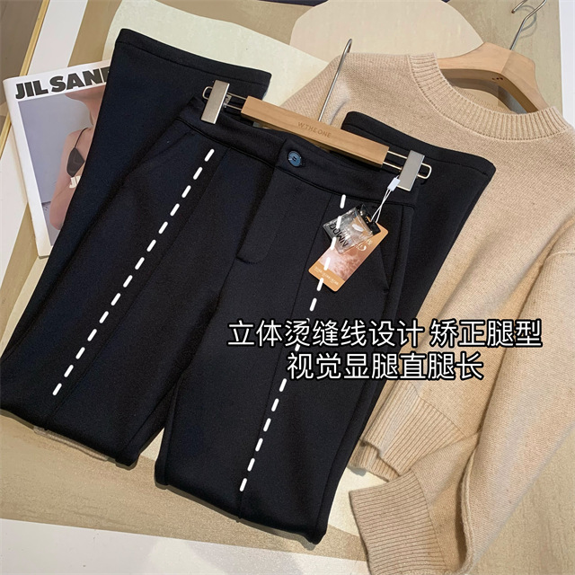 WTHEONE Shin Pants One Second Bend Slim High Waist Winter Down Yarn Black Flare Pants fleece-lined Small Black Pants for Women