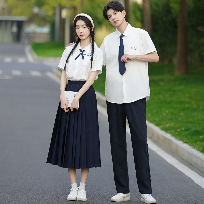 졸업 사진 JK 바람 2024 실제 사진 여름 커플 원피스 반팔 학생 셔츠 세트 원피스 클래스 원피스