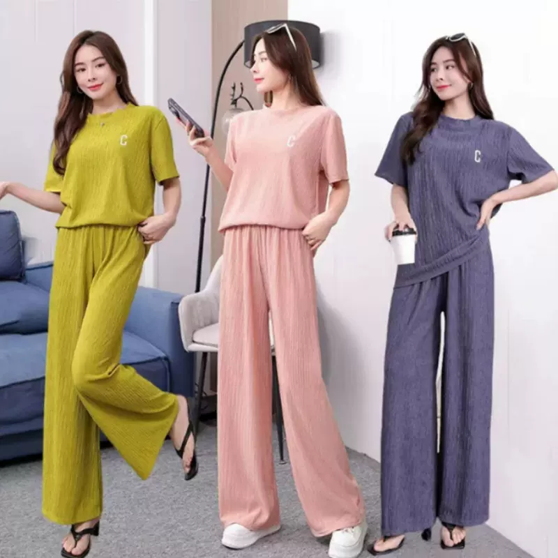 千叶套装女春夏季字母刺绣薄款冰丝家居服套装休闲宽松长裤两件套