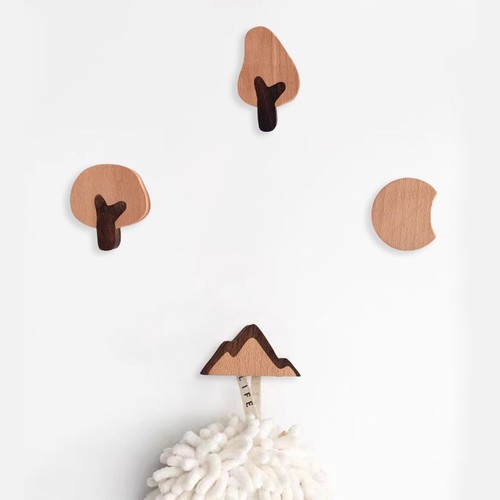 Nordic ins style children's room hook cute apple tree strawberry tree crescent mountain shaped solid wood coat hook no punching