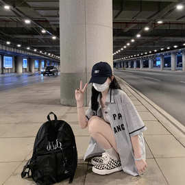 美式复古条纹衬衫外套女春季宽松字母刺绣宽松休闲衬衫