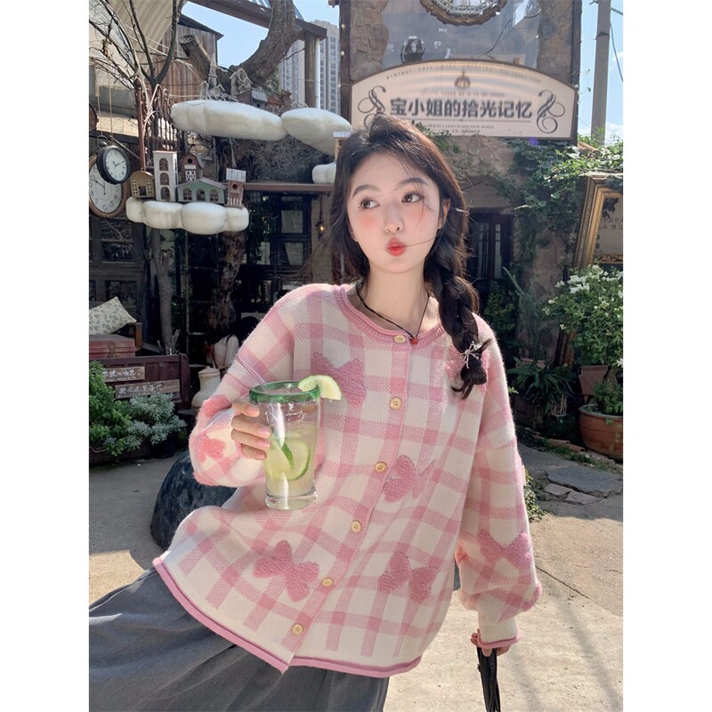 实拍~新款韩系甜美多巴胺立体刺绣蝴蝶结宽松厚实毛衣开衫外套女|undefined