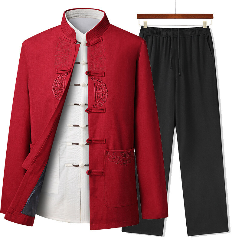 男士唐装套装2025春秋季新款男装中老年休闲中式国风长袖盘扣唐装