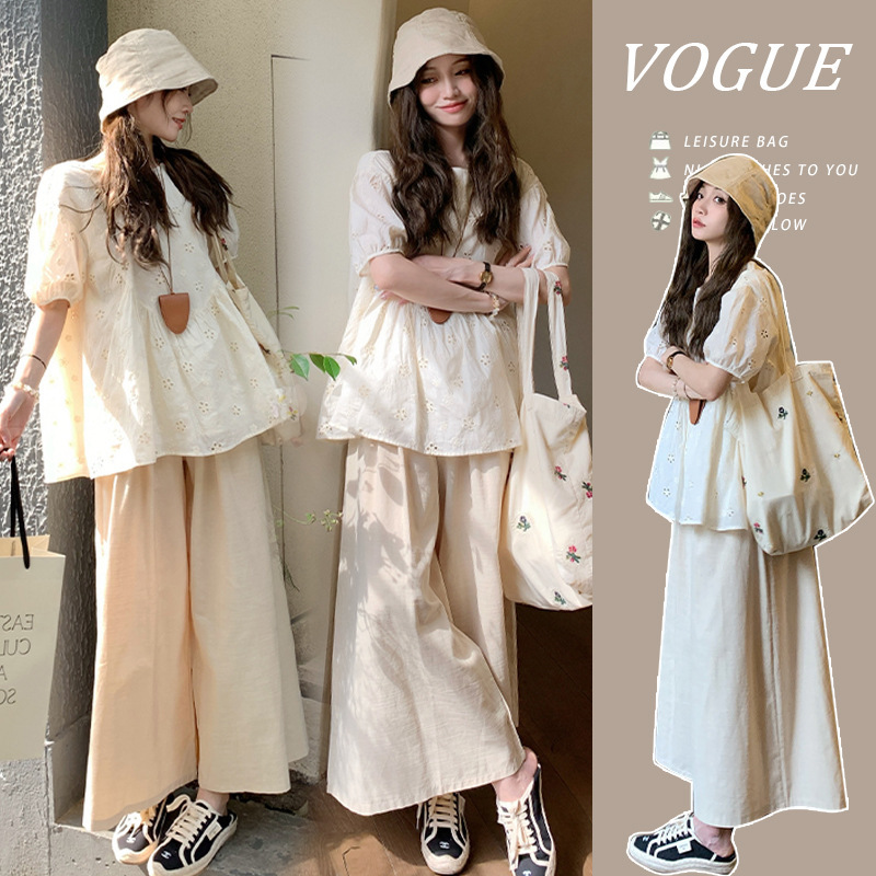 Pictures have been processed for 2025 summer new Korean lazy wind loose doll shirt wide leg pants pregnant women two-piece set