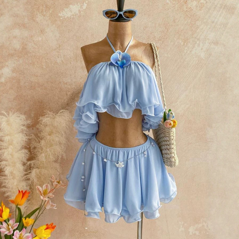 European and American Cross-Border Vacation Outfit for Women, Floral Embellished Ruffled Backless Halter Top and Layered Skirt Two-Piece Set