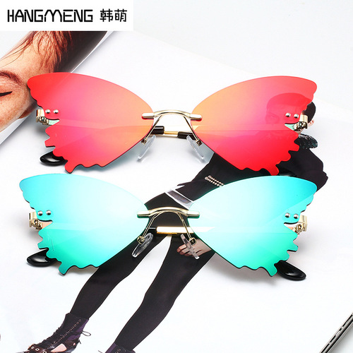 New personalized butterfly street photography sunglasses for women, colorful ocean film frameless sunglasses, European and American ins style glasses, cross-border