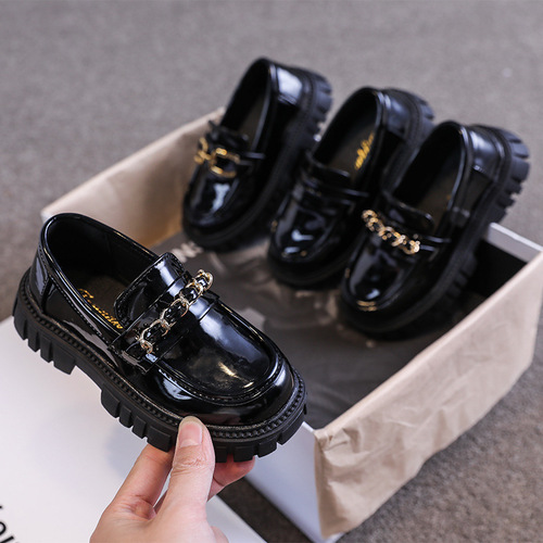 Princess-style girls' spring loafers, black leather shoes for little girls, trendy slip-on kids' single-layer shoes