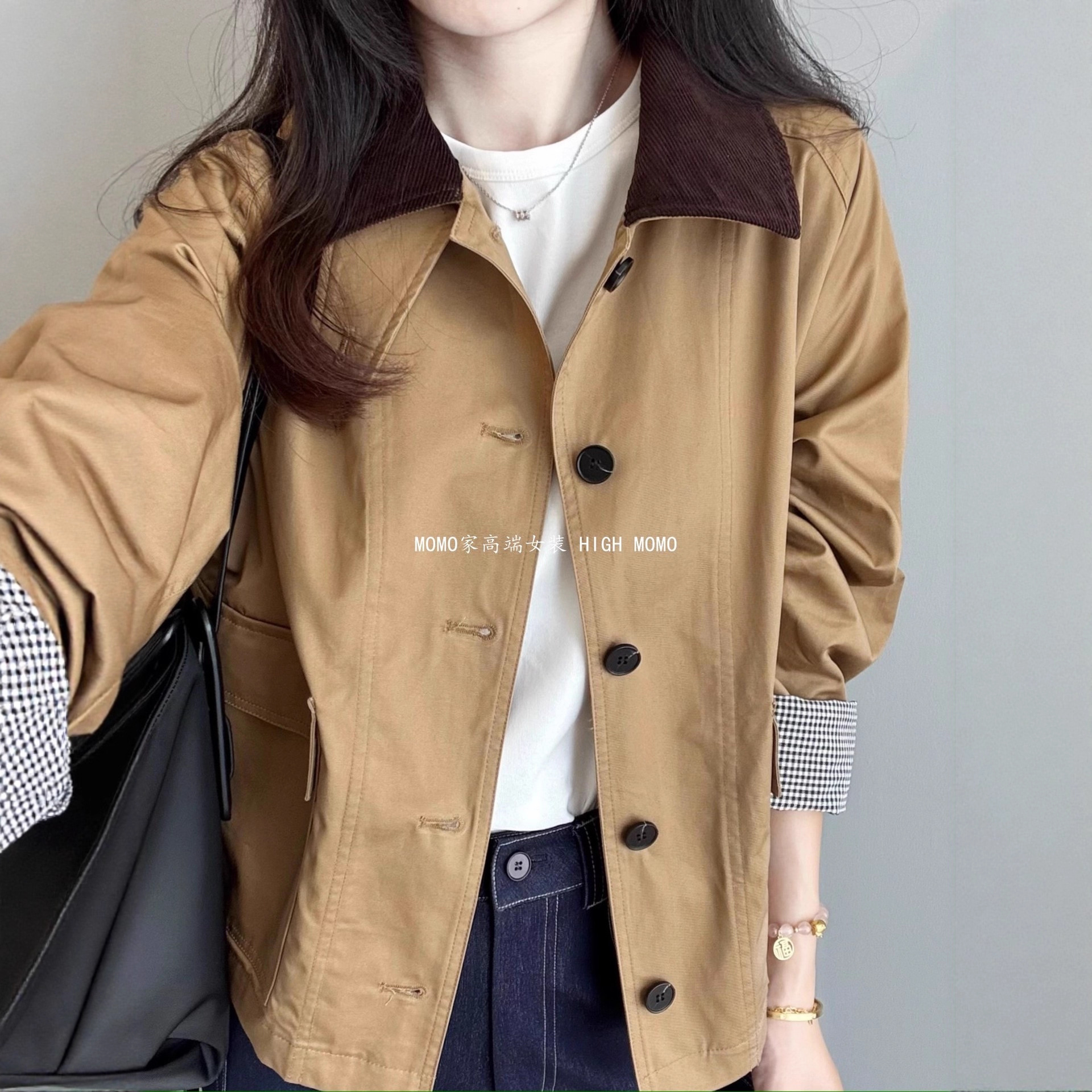 Ei851 Xiaohe + Accessible Luxury Texture! Corduroy Lapel High Count Cotton Plaid Lining Long-Sleeved Windbreaker Jacket for Women Autumn