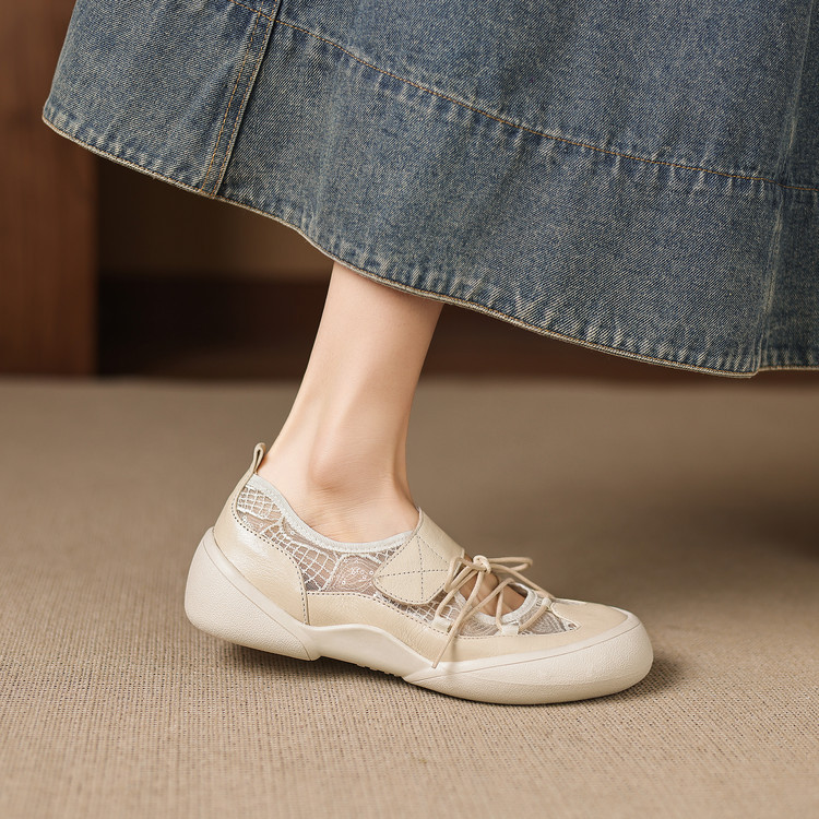 Giày sneaker nữ đế dày ren lưới phối màu cổ thấp — màu trắng ngà chi tiết 59