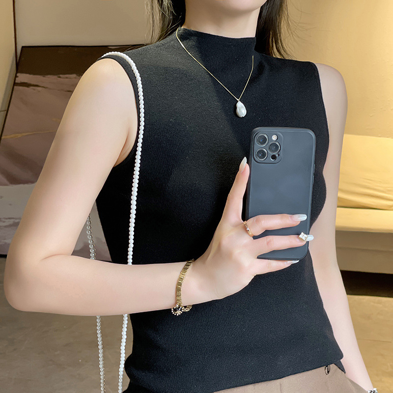 Worsted wool 2023 spring summer women's new short slim-fit half high neck solid color sleeveless vest with knitted waistcoat