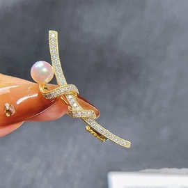 DIY配件 气质百搭简约鱼竿胸针铜镀金镶锆石个性别针珍珠胸花空托