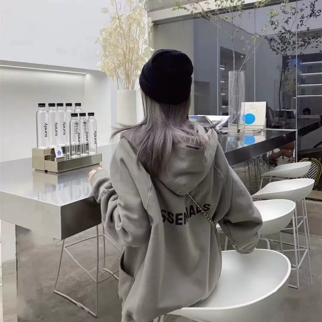 欧美ESSENTIALS潮牌后背硅胶加绒卫衣男女同款拉链外套情侣连帽衫