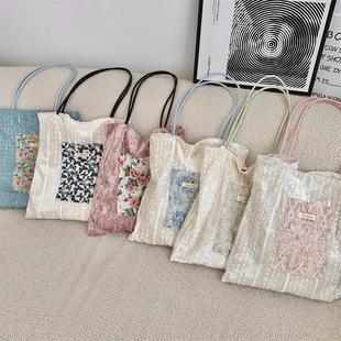 49184 New Pearlescent Niche Design Canvas Bag Large Capacity General Bag Girl's Lace Portable Shoulder Bag