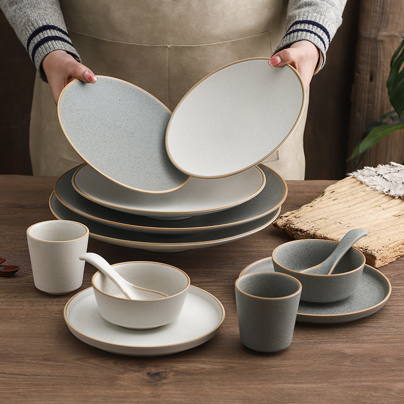 Dishes and Bowls Set Household Ceramic Tableware Soup Bowl Plate Simple Matte Dish Plate Noodle Bowl Japanese Three-Piece Set