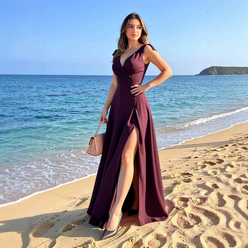 European and American women's fashion foreign trade clothing Amazon European and American cross-border summer solid color extended evening dress with slit