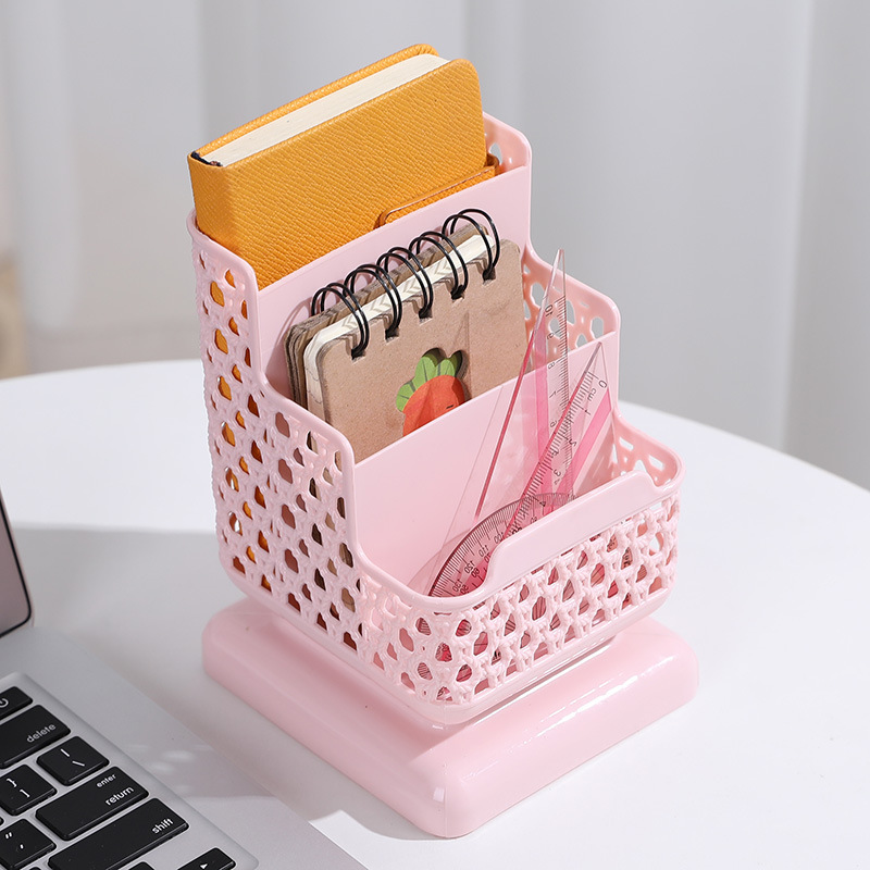 Caja de almacenamiento de cosméticos hueca de escritorio, soporte para teléfono móvil, portalápices de almacenamiento para estudiantes multifuncional de tres capas de plástico de oficina