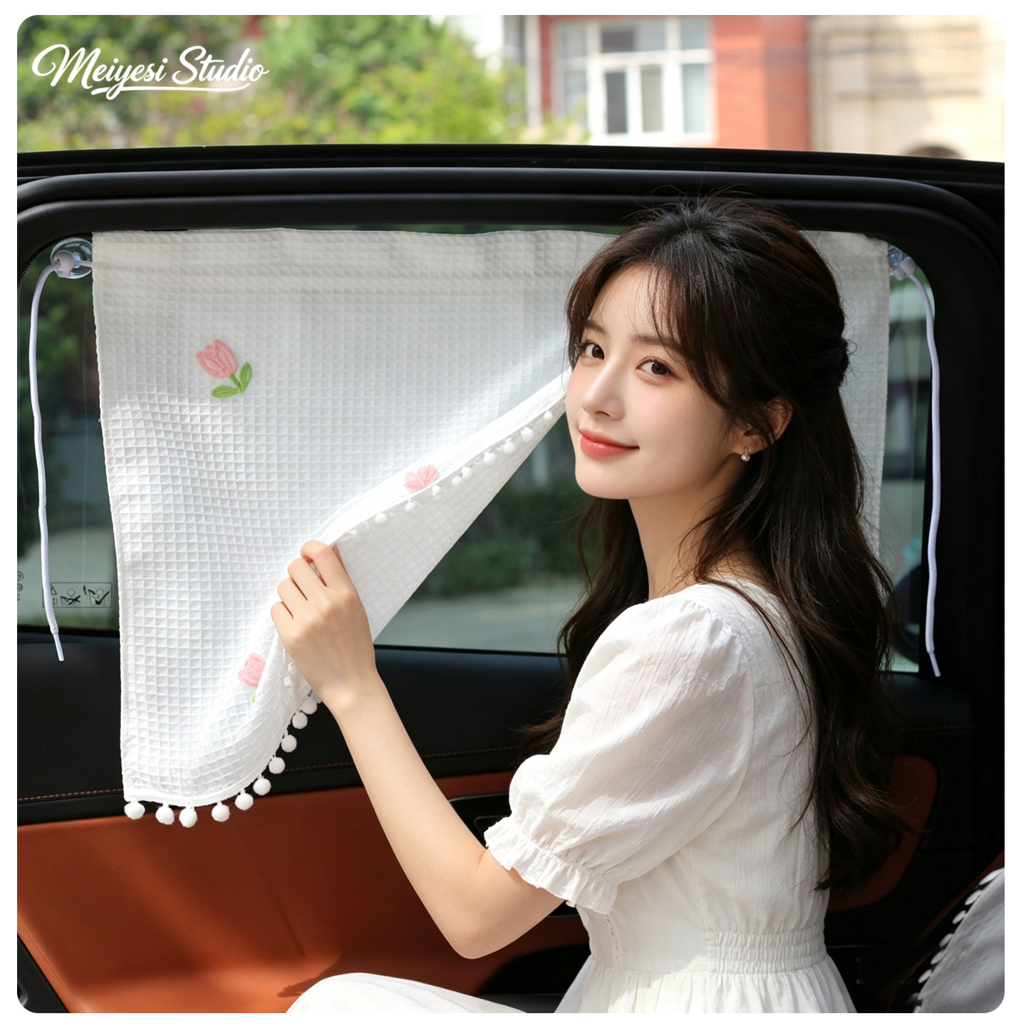 Car sunshade waffle curtain with suction cup attachment, cherry pattern, cartoon sun-blocking and heat-insulating car curtain