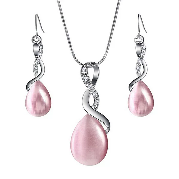 Cross-border Hot Selling European and American Fashion Jewelry Bridesmaid Simple Pink Water Drops Cat's Eye Diamond Earrings Necklace Set for Women