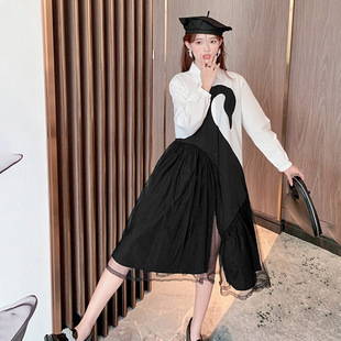 現貨小香風襯衫拼接黑天鵝蕾絲連衣裙夏設計感小眾網紗蓬蓬裙中長