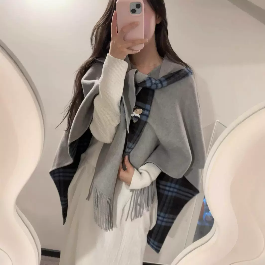 复古格子连帽斗篷毛呢外套女秋冬宽松流苏设计感双面呢子披肩大衣