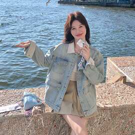 浅蓝色格纹拼接撞色翻领牛仔短外套女2026秋季韩系文艺松弛感上衣