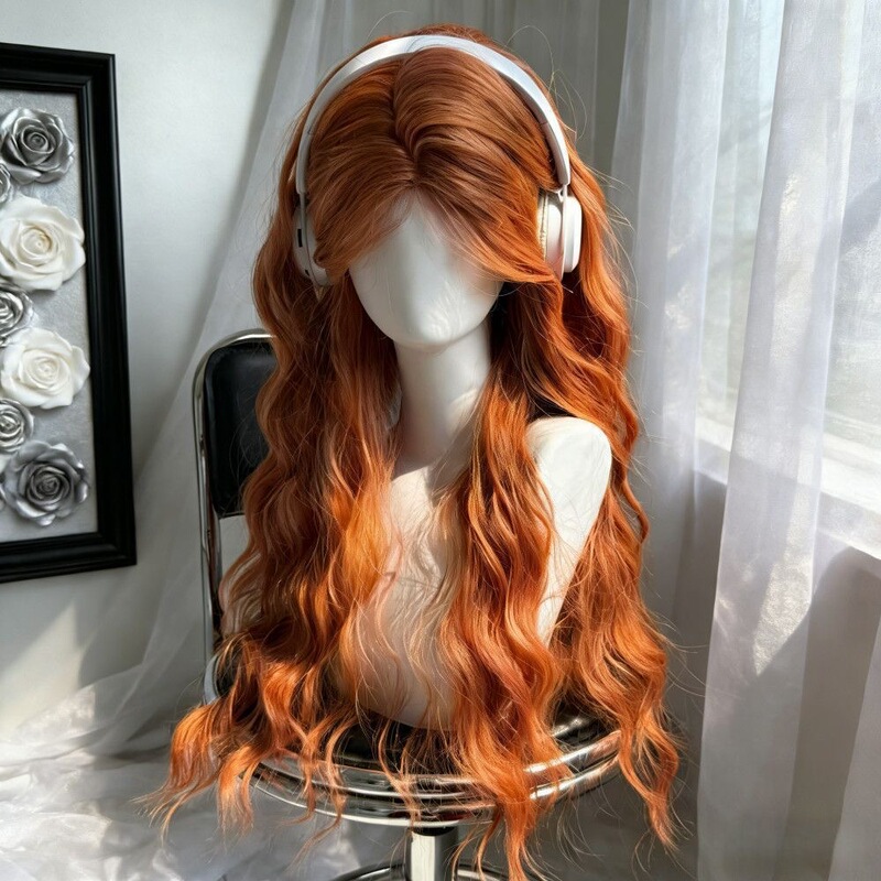 Orange Full Wig for Women, Natural and Realistic, Fluffy and Lazy Wool Curls, Long Curly Hair, Everyday Full Wig Set