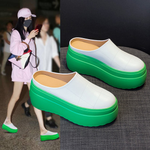 Half Slippers for Women 2025 Spring New Slippers for Women Pure Color Thick Soles Increased 8cm Green Soles Personalized Half Slippers