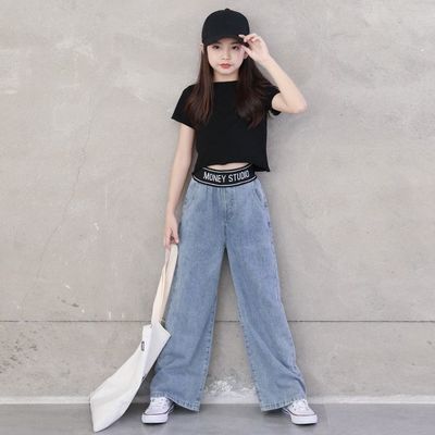 With children girl Summer wear Broad leg Jeans suit CUHK Fashionable Western style children Short sleeved Two piece set