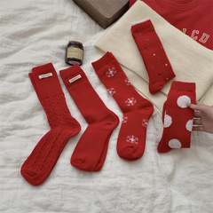 襪子女秋冬 加厚保暖新款大紅色布標波點純色中筒新年女襪