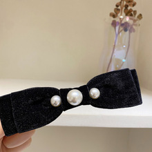 韩国进口优雅珍珠黑色丝绒蝴蝶结弹簧夹ins博主后脑勺顶夹发卡潮