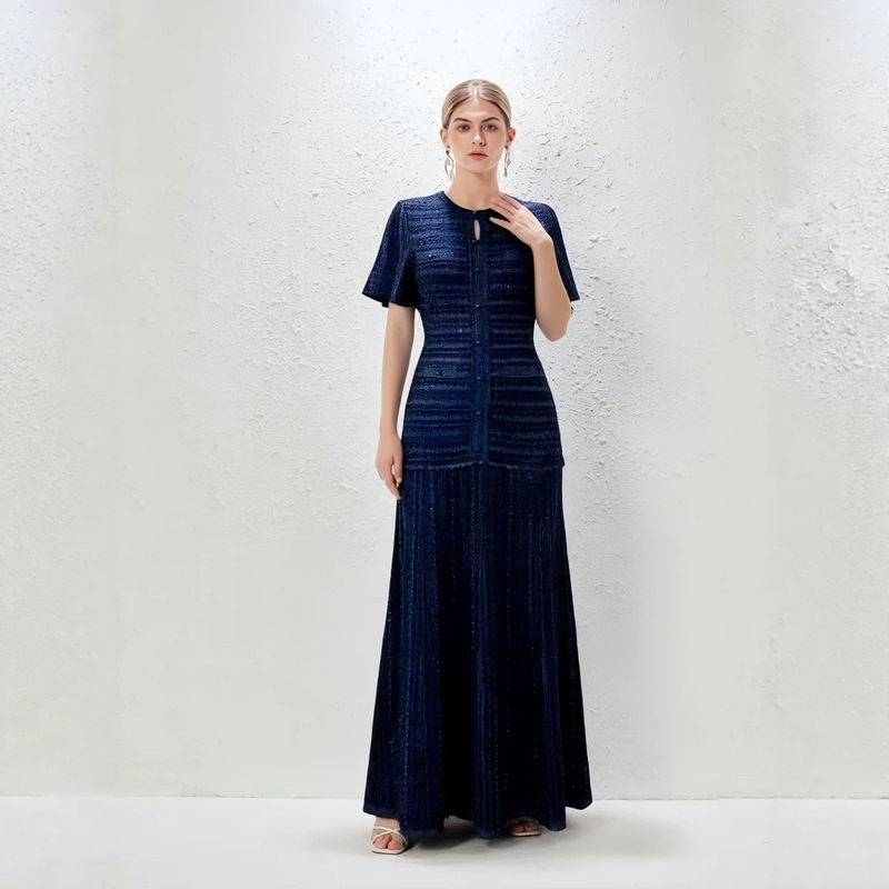 Cross-Border Foreign Trade S Brand New Hollow-Out Long Dress for Women, Summer Elegant and Slimming Round-Neck Short-Sleeve Knit Dress
