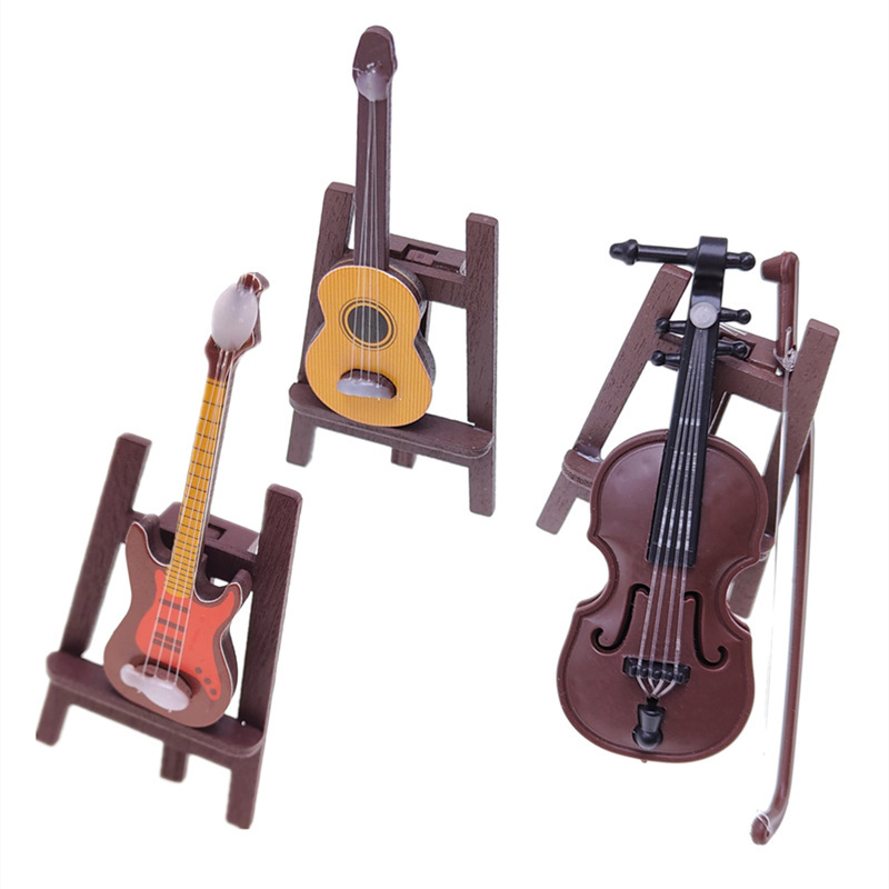 Dollhouse Doll House Mini Christmas Wood Violin Musical Instrument Simulation Guitar Miniature Scene Model