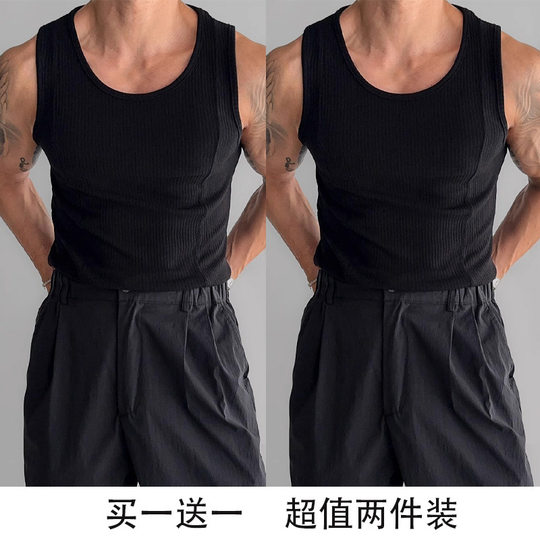 American Tough Guy Style Elastic Vertical Stripes Stitching Slim Knitted Vest Men's Fitness Sports Breathable Sweat-Absorbent Bottoming Shirt