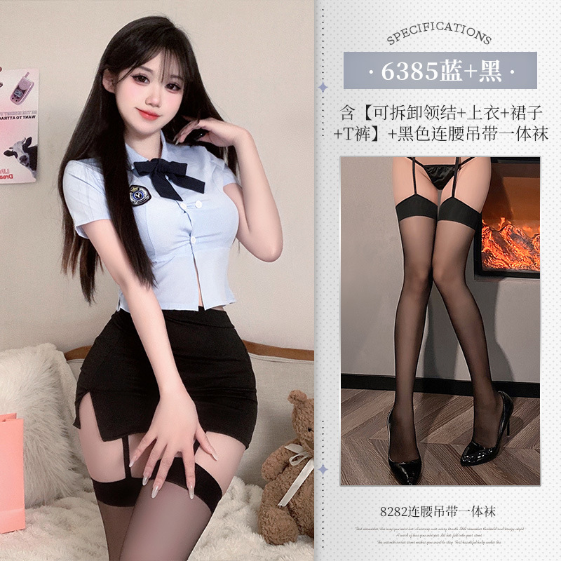 6385 ◆ NY1ZFT000412 친밀한 강사 ◆ 블루 + 블랙 [탈착식 나비넥타이 + 탑 + 스커트 + T바지] + 블랙 허리 서스펜더 양말