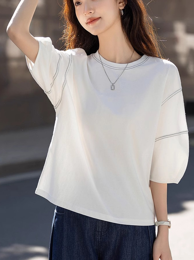 Áo thun nữ cổ tròn tay lỡ phồng nhẹ, thiết kế đèn lồng viền tương phản — Màu hồng