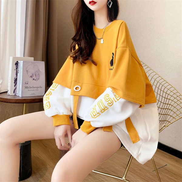 Spring and autumn thin extra-large women's clothing 300kg contrast color stitching long sweater women's fashion