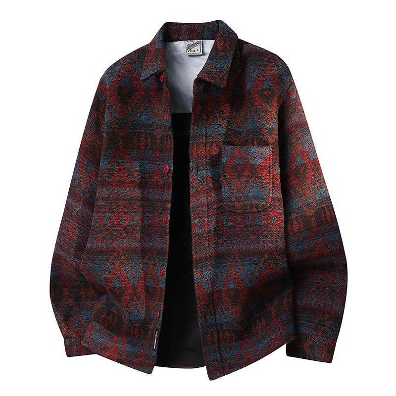 Wool Blend】Ethnic Xizang Style Thick Woolen Shirt for Men, Spring and Autumn Designer Jacket, Plus Size Coat Wool Blend】Ethnic Xizang Style Thick Woolen Shirt for Men, Spring and Autumn Designer Jacket, Plus Size Coat