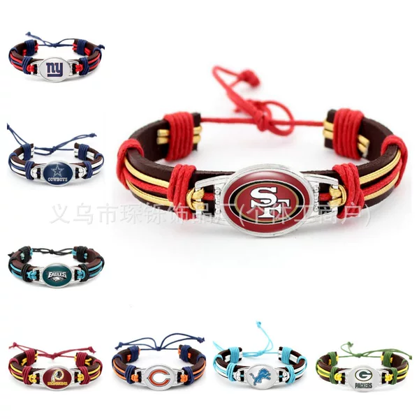 Cross-border bestseller NFL football bracelet Vikings Rams Cowboys adjustable leather braided bracelet