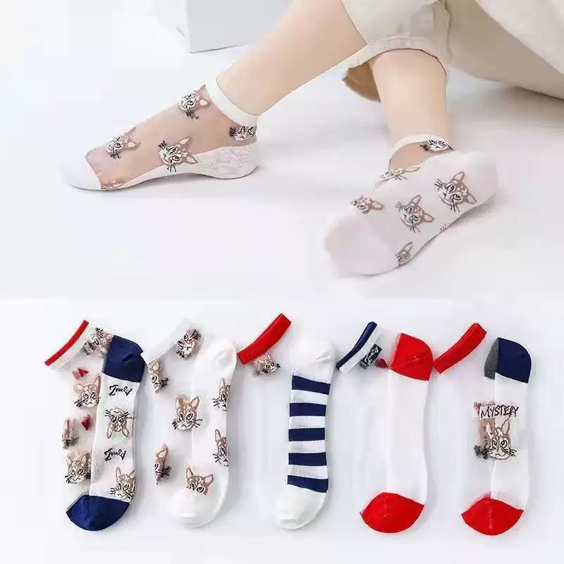 Thin Summer Glass Silk Japanese-Style Cat Short Socks Crystal Mesh Cute Ins Trendy Ultra-Thin Women's Socks