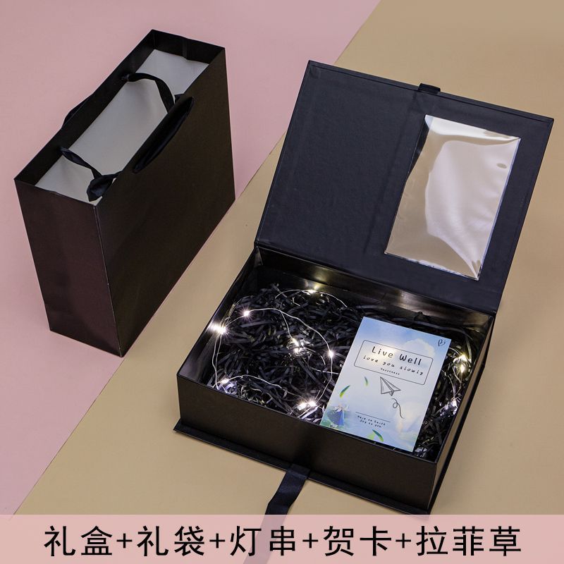 반 투명 창 선물 상자-검은 색 문자열 라피아 인사말 카드