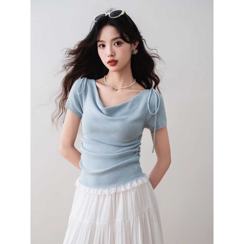 French Swing Collar Lace Knitted Short-Sleeved 2025 Summer New Style Chic Slim Pleated Top