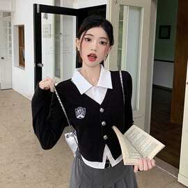 学院风假两件针织毛衣女秋冬短款黑色拼接修身polo领上衣美式开衫