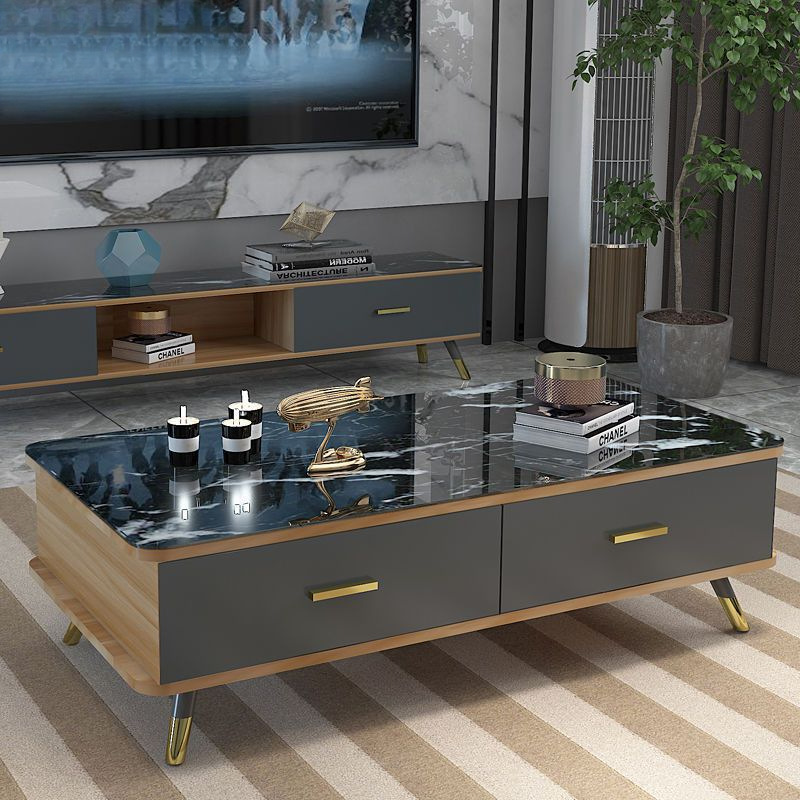 나무 커피 테이블: 120 라이트 플러스 블랙 대리석 패턴