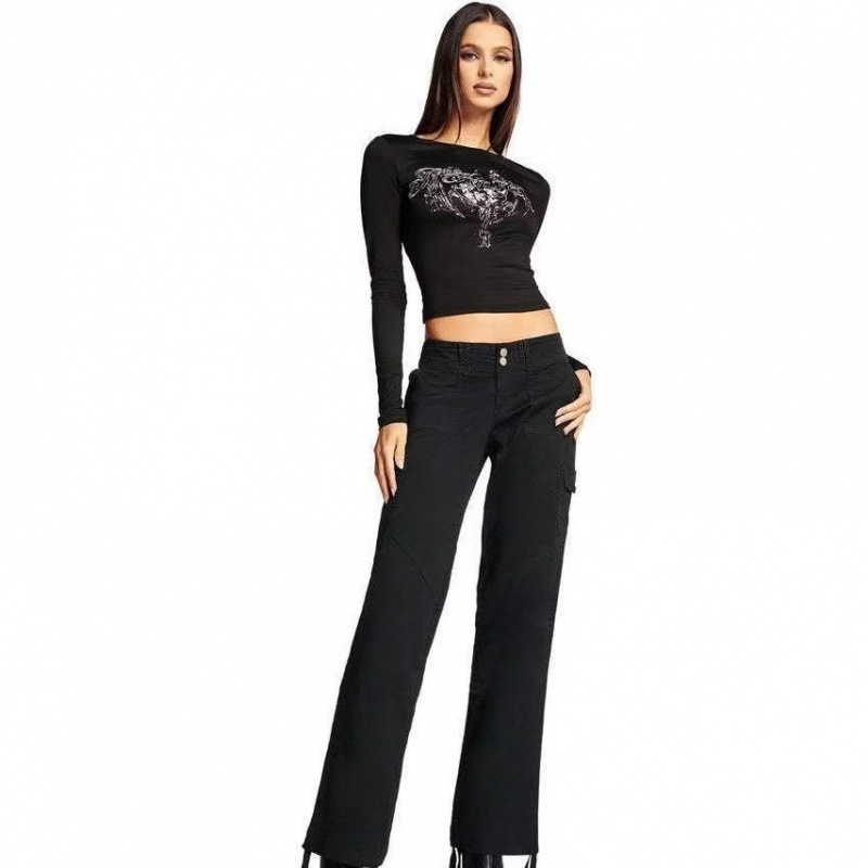 Iam*Gia Millennial Hot Girl Print Long Sleeve T-Shirt Round Neck Stretchy Short Slim Fit Versatile Slimming Base Shirt Top