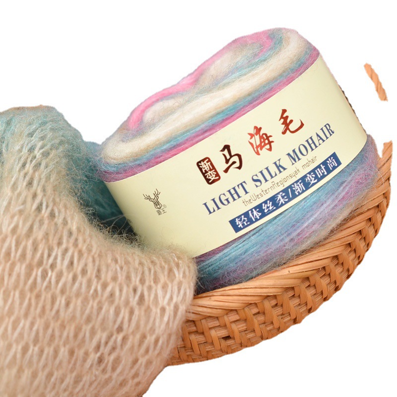 Sección de gradiente teñido pastel de mohair hilo lana tejida a mano media larga sección teñida bricolaje tejido suéter abrigo bufanda