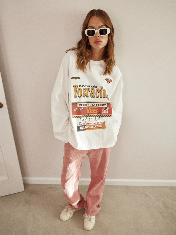 欧米風の朝と秋のファッションは個性的な街頭の100% 重いポンドの純綿の長袖のtシャツのゆったりしている底のシャツの潮に合います。|undefined