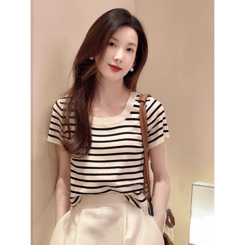Summer Wool and Silk French-Style Short-Sleeve Women's Loose Striped T-Shirt Knit Top Versatile Simple Tank Top