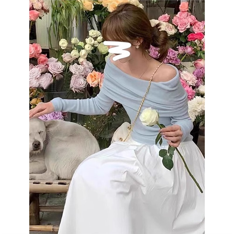 法式高级感一字肩长袖针织衫女早秋气质温柔露肩别致绝美小上衣潮|undefined