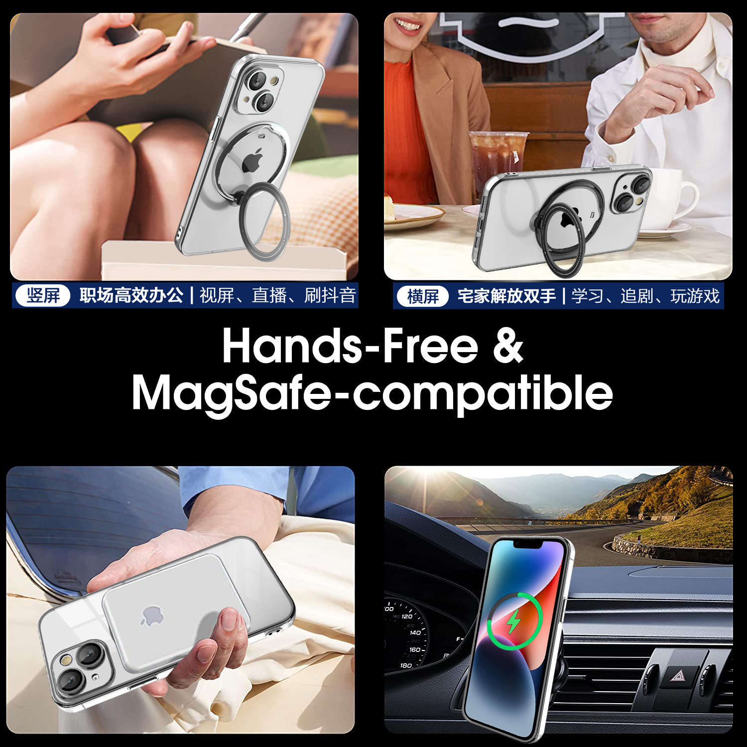 Funda Protectora para iPhone 16 con Soporte Giratorio, Funda Magnética Transparente Galvanizada para Apple 15 Pro, Protección de Lente 3 en 1 para iPhone 14